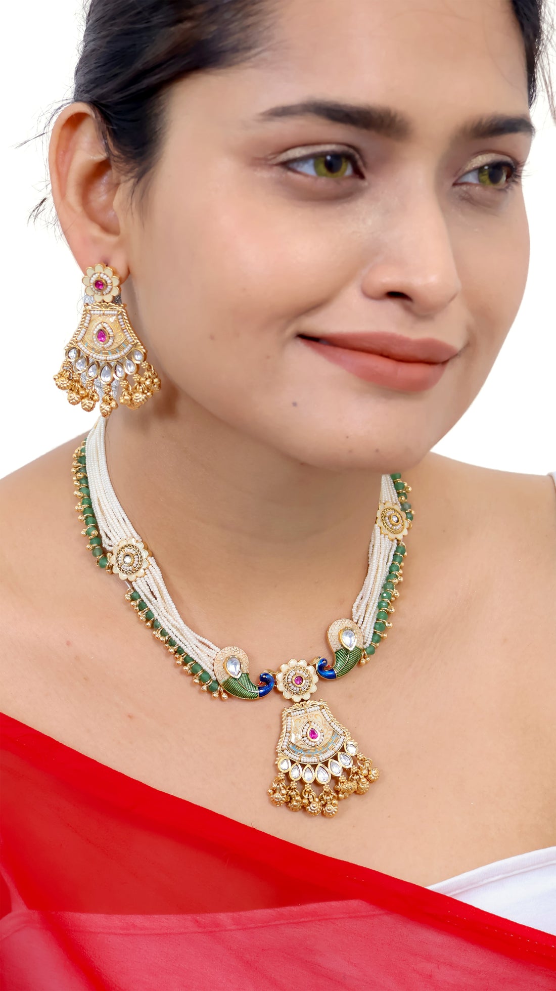Royal Kundan Peacock Pearl Dangler Necklace Set