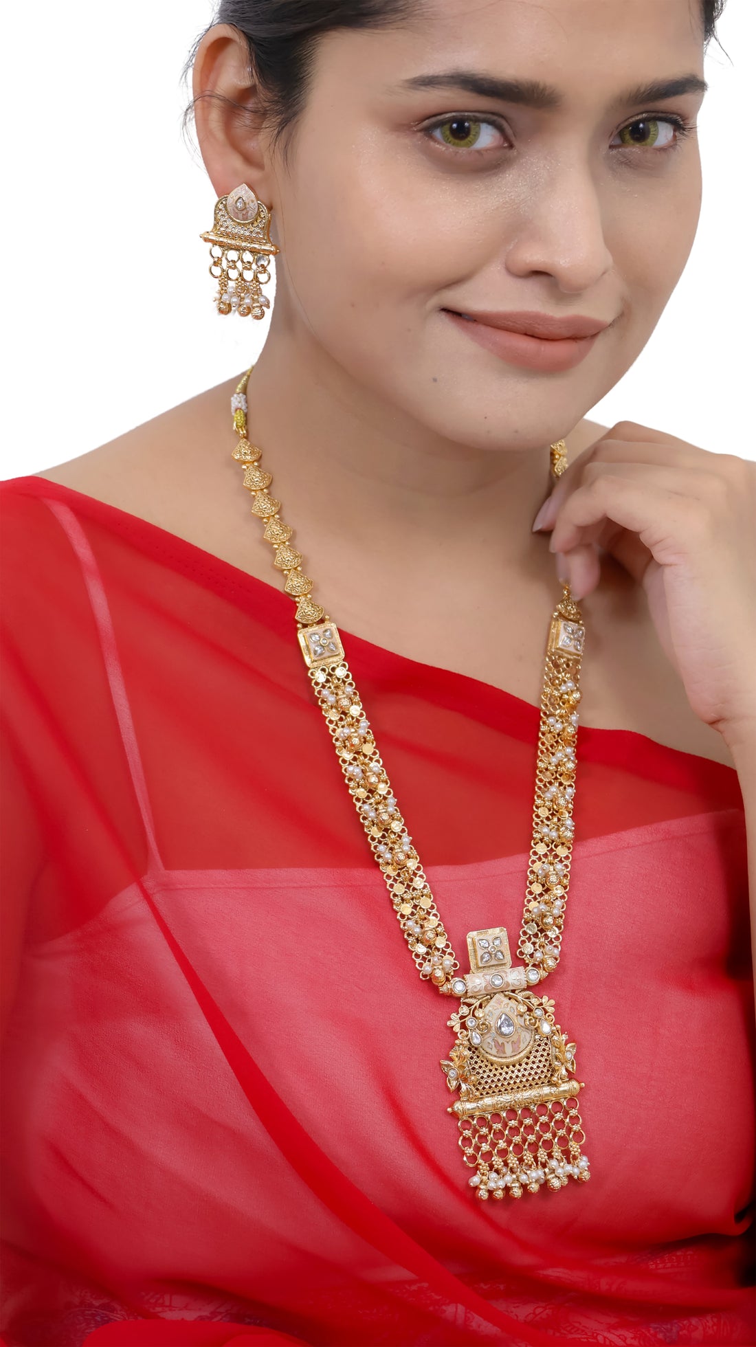 Antique Finish Long  Dangling Pearls Necklace Set