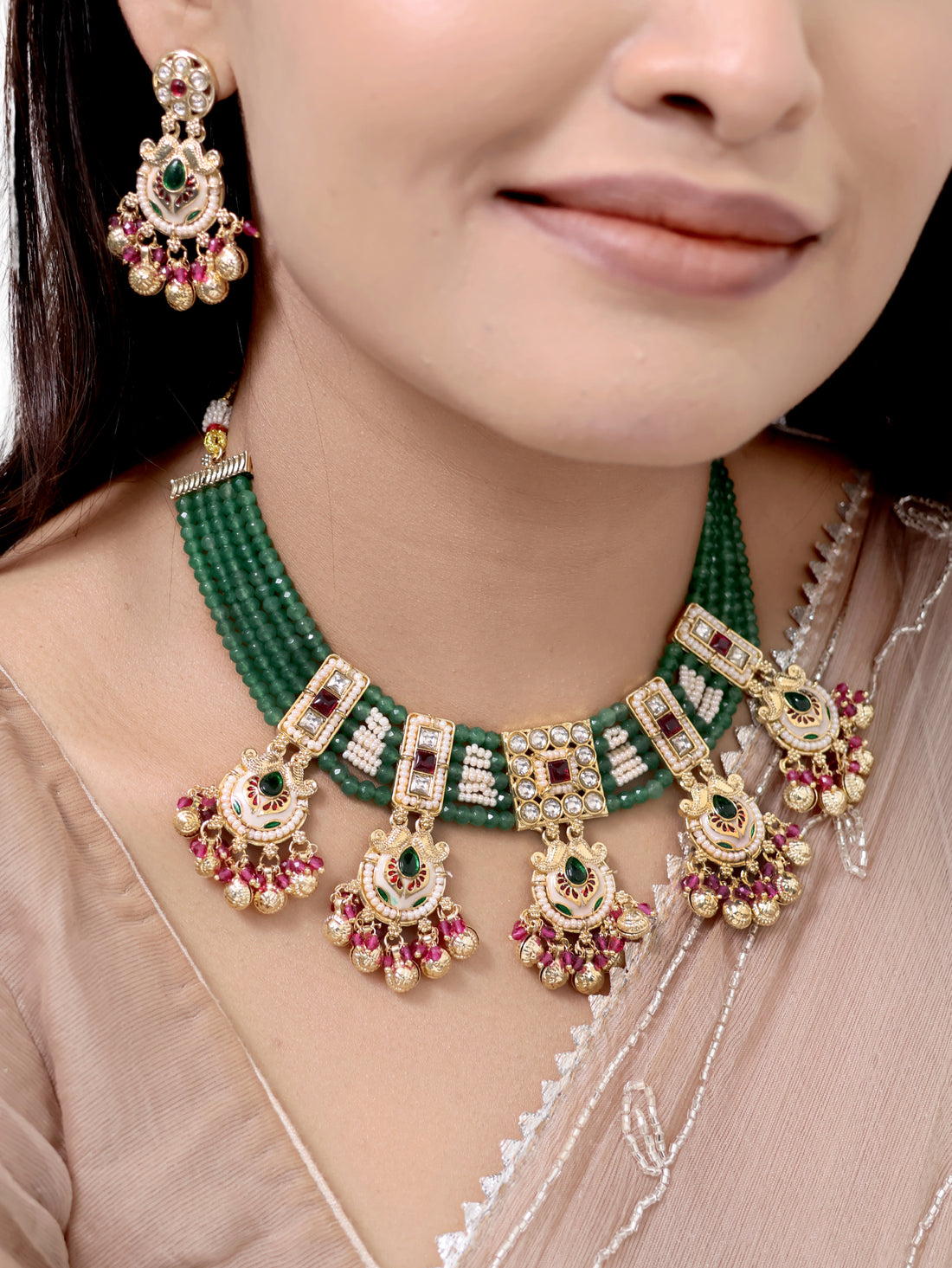 Malhar Pearl-Dipped Emerald Choker three piece Necklace Set
