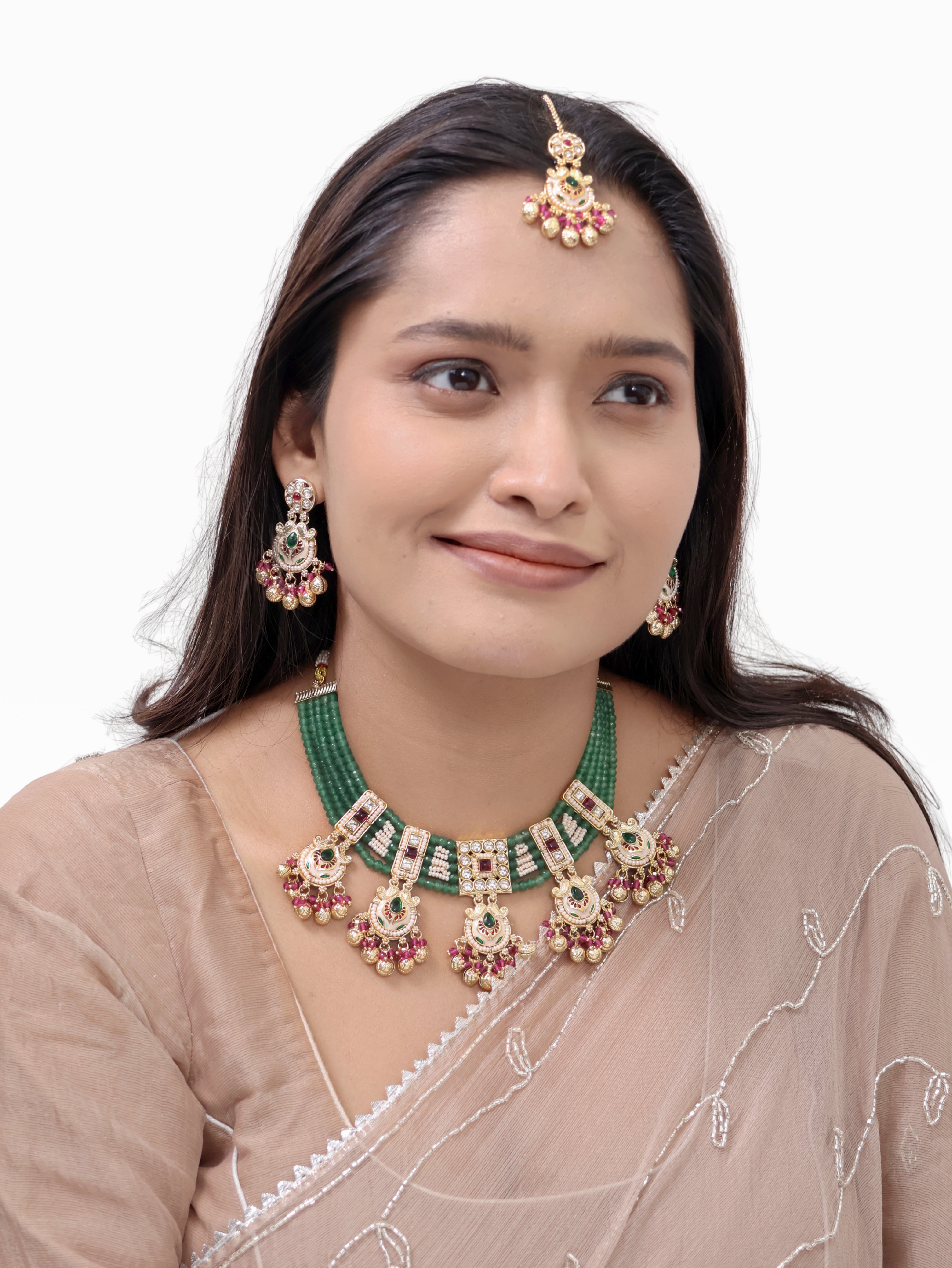Malhar Pearl-Dipped Emerald Choker three piece Necklace Set