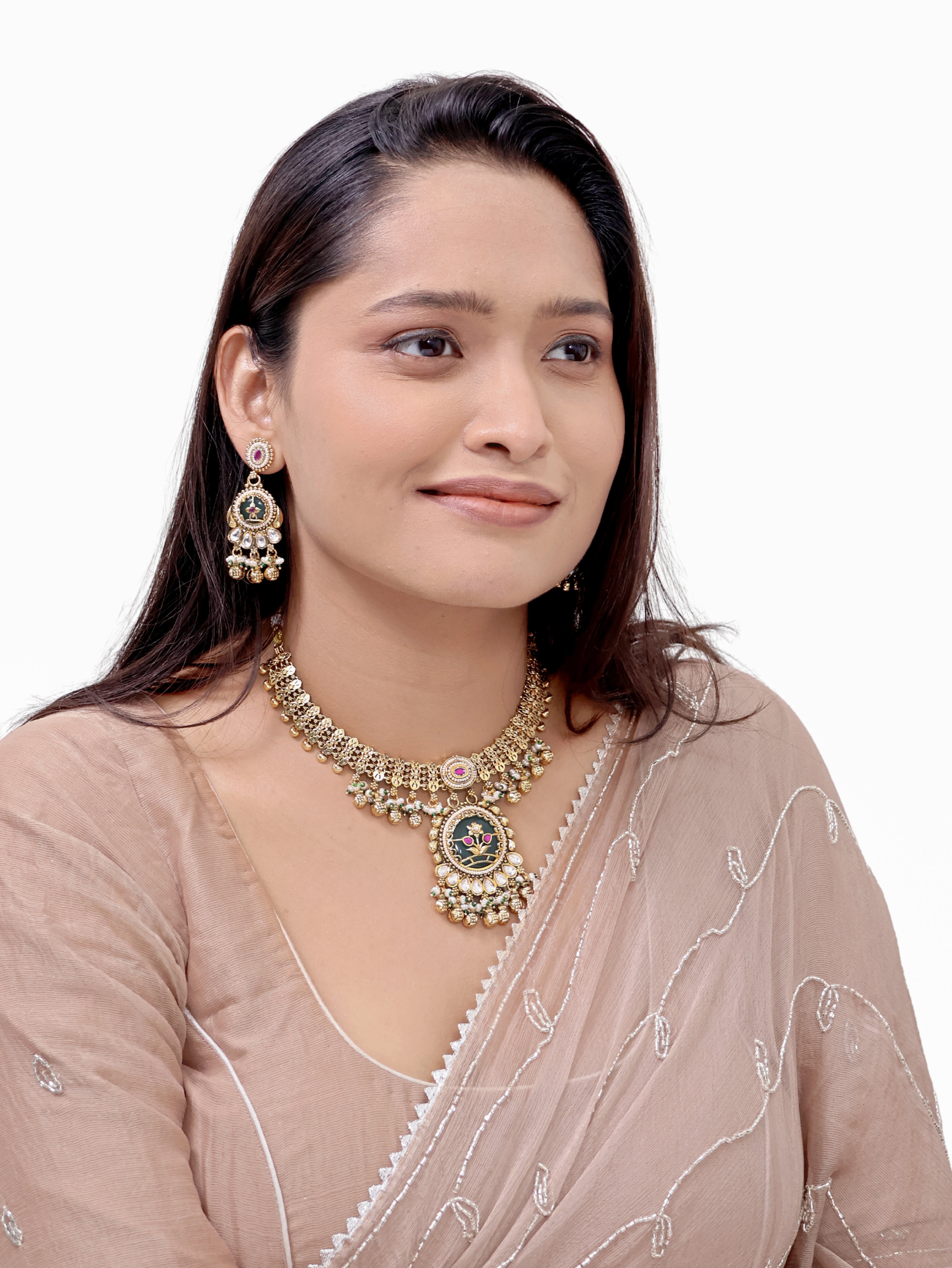 Firdaus Emerald Meenakari Hexagon Necklace Set