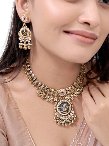 Firdaus Emerald Meenakari Hexagon Necklace Set