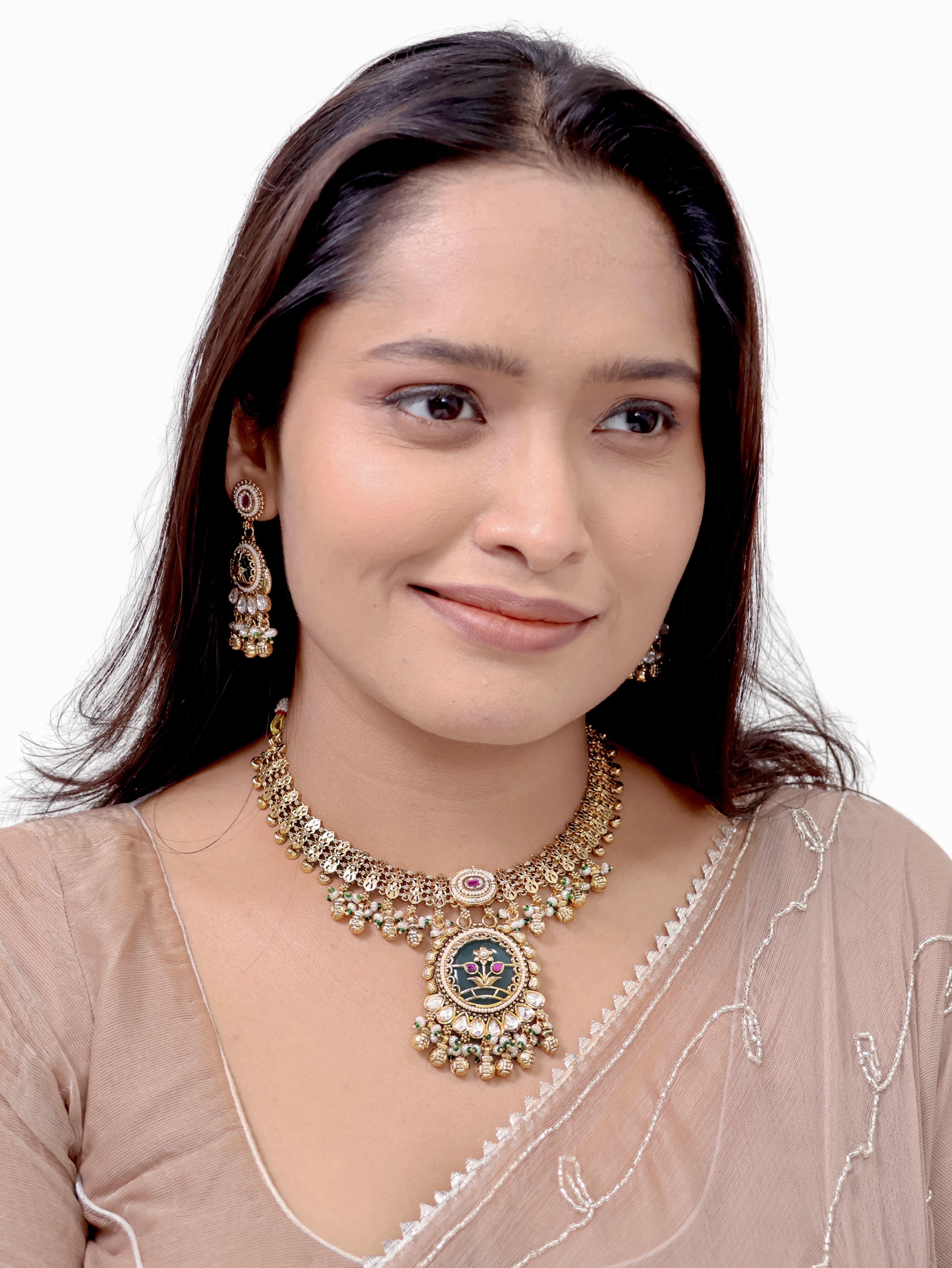 Firdaus Emerald Meenakari Hexagon Necklace Set