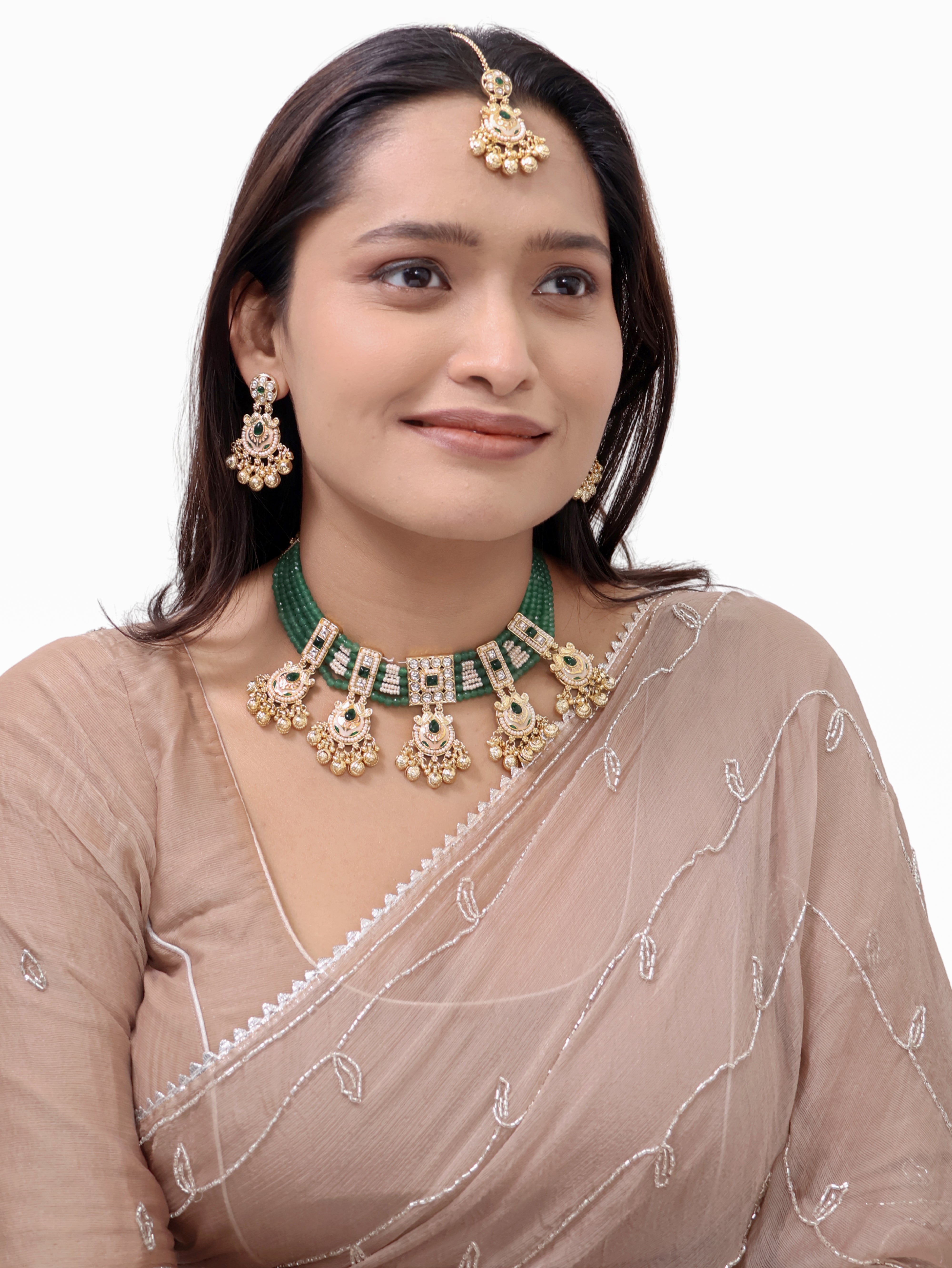 Malhar Pearl-Dipped Emerald Choker three piece Necklace Set