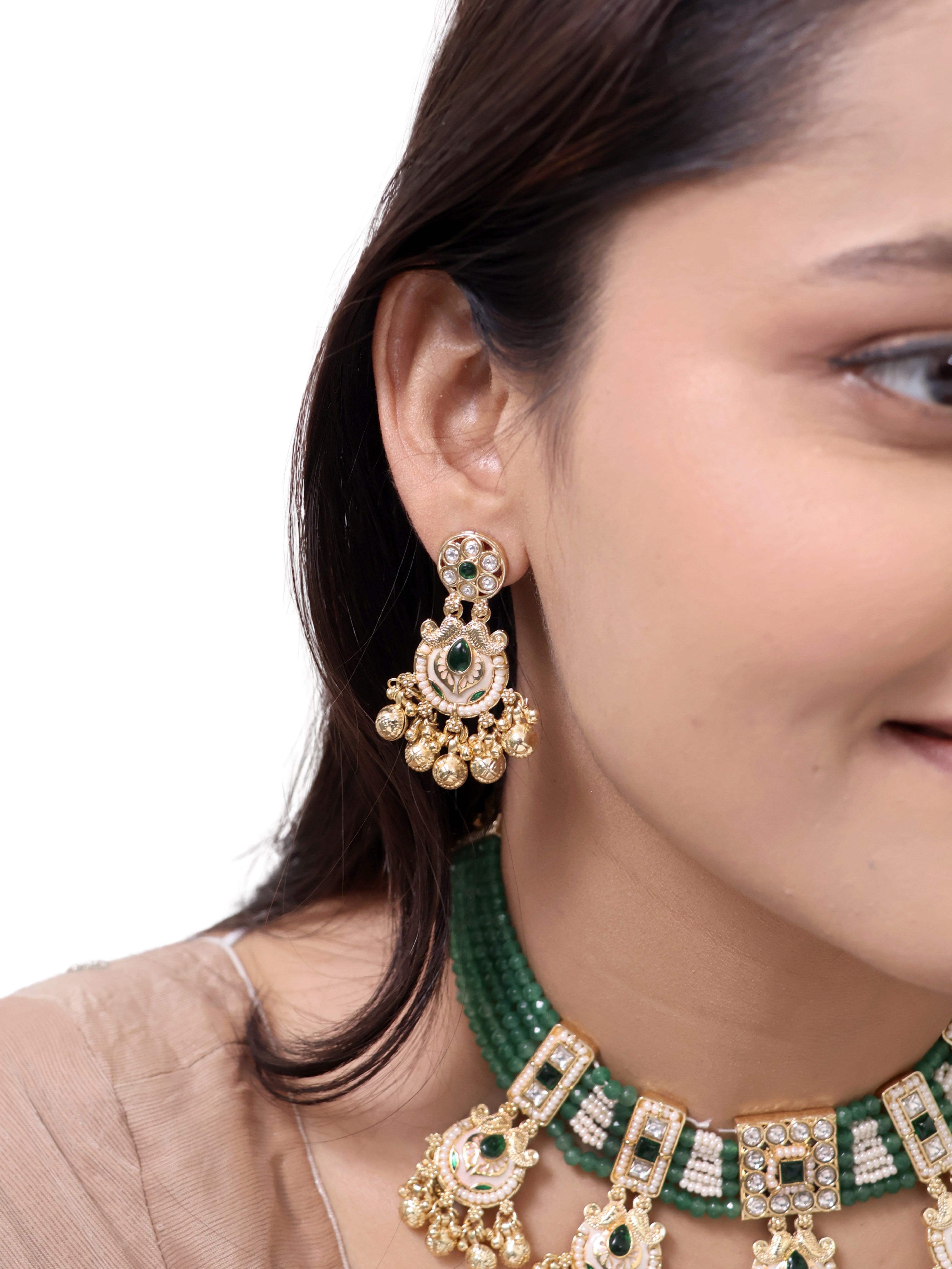Malhar Pearl-Dipped Emerald Choker three piece Necklace Set