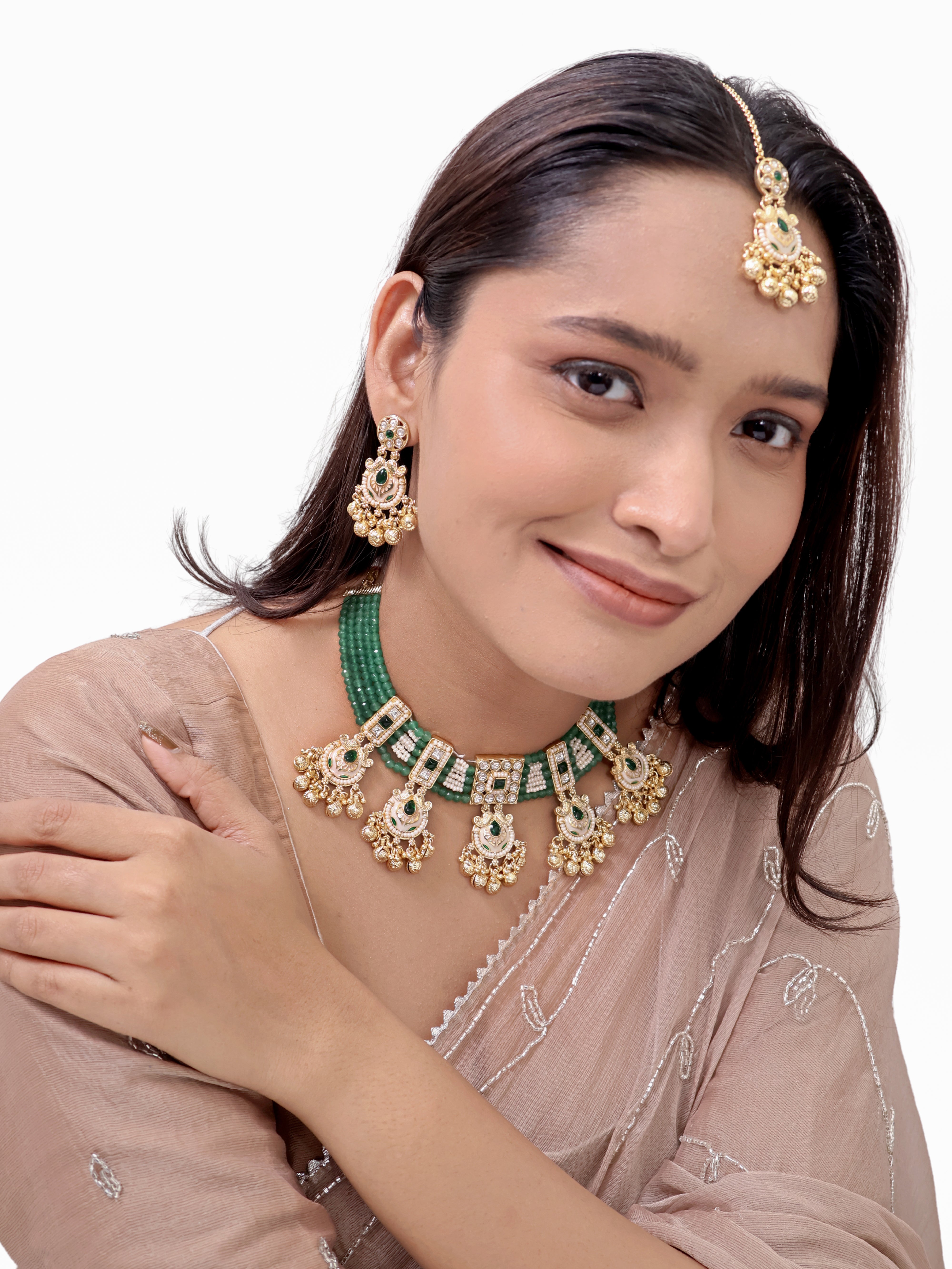 Malhar Pearl-Dipped Emerald Choker three piece Necklace Set