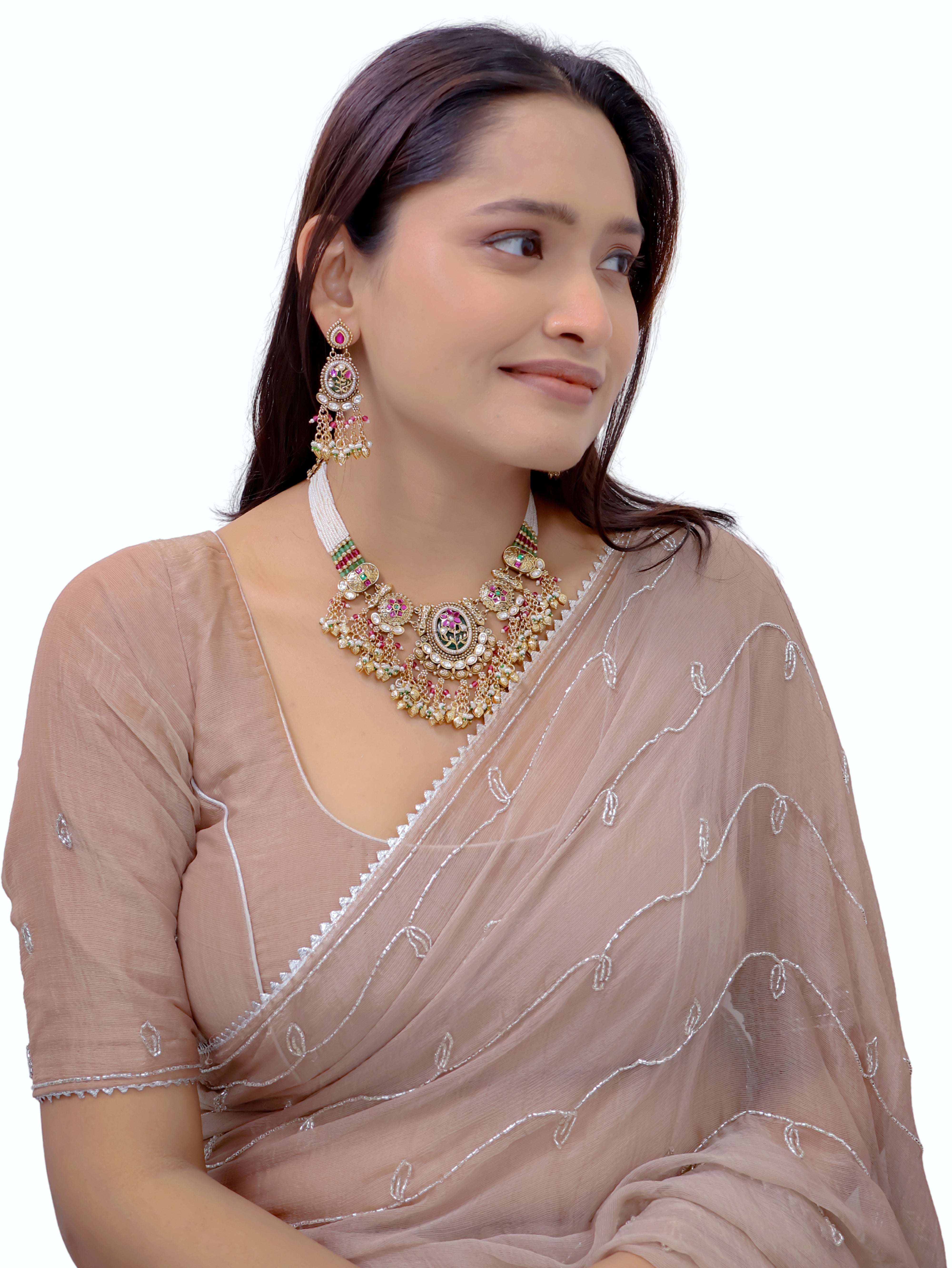 Rajbari bloom kundan and Meenakari Choker Necklace Set