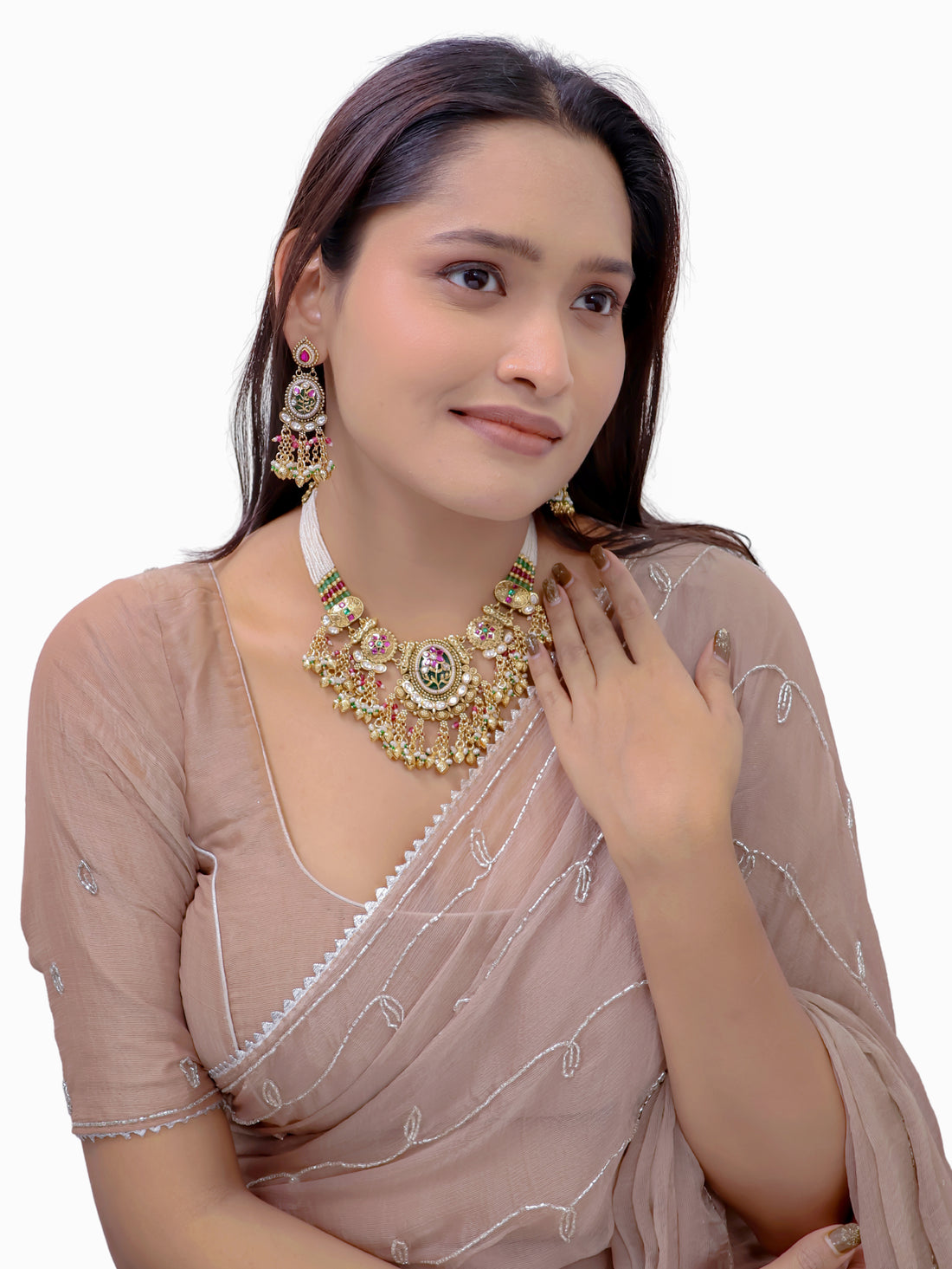 Rajbari bloom kundan and Meenakari Choker Necklace Set