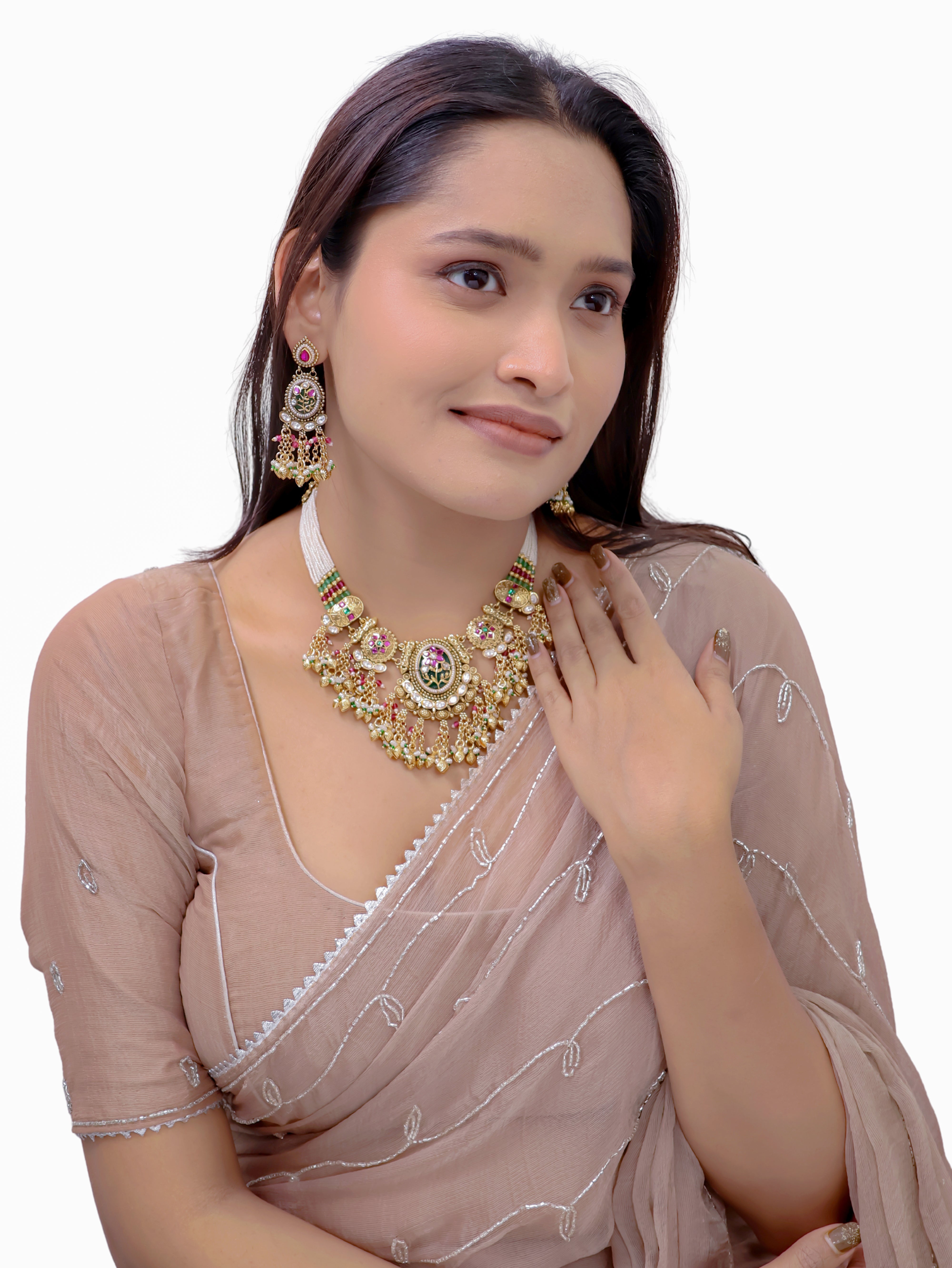 Rajbari bloom kundan and Meenakari Choker Necklace Set