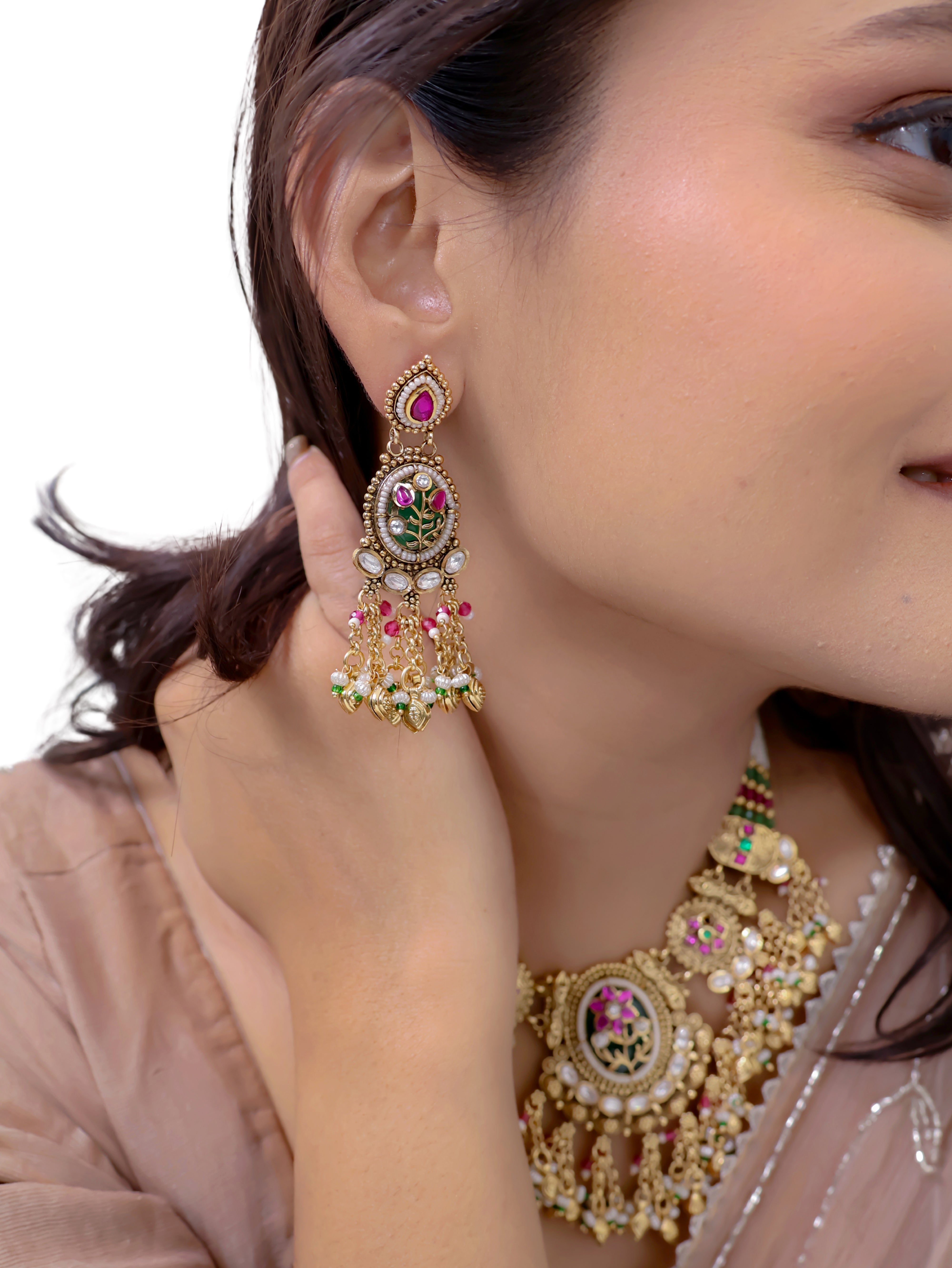 Rajbari bloom kundan and Meenakari Choker Necklace Set