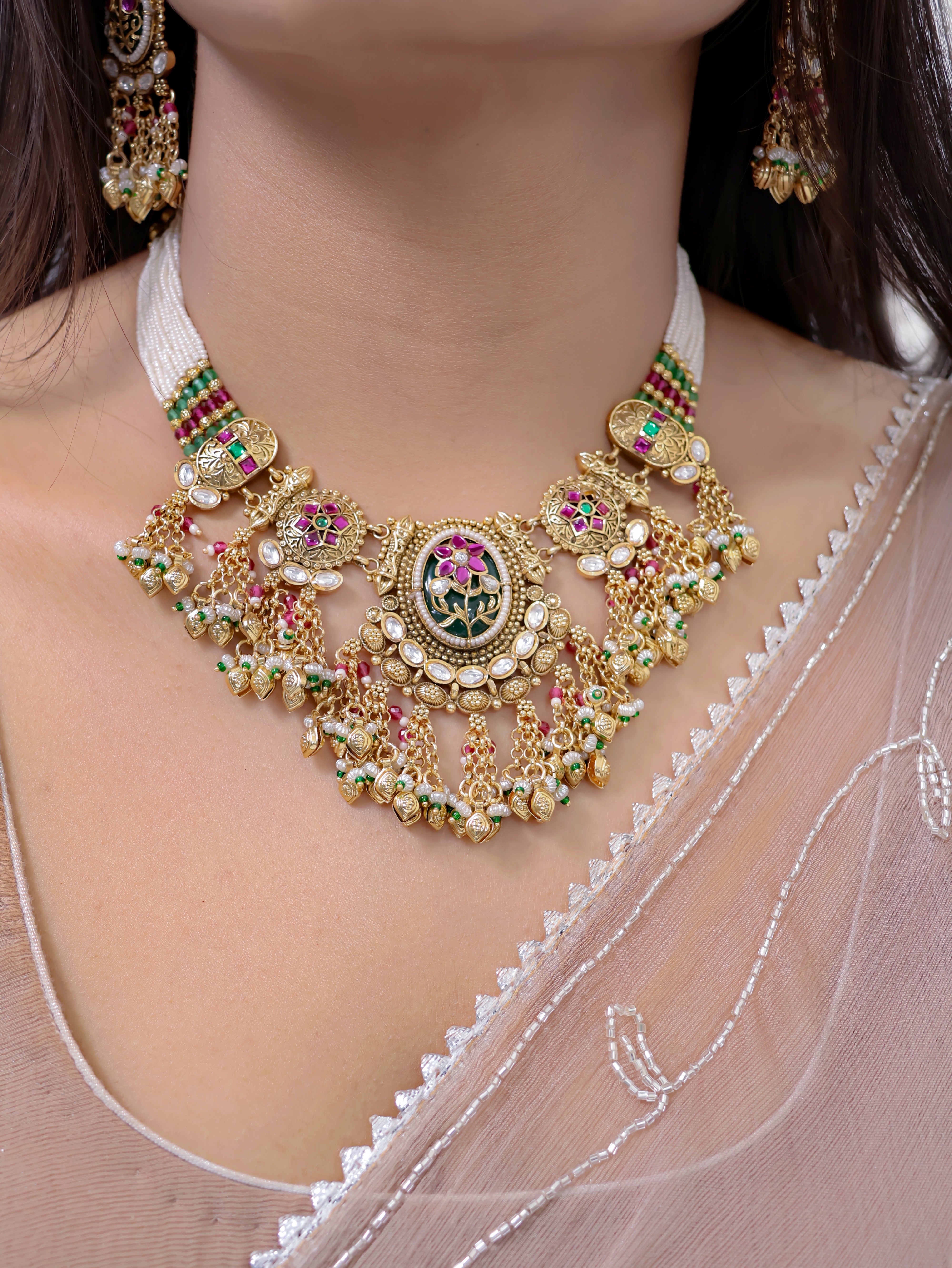 Rajbari bloom kundan and Meenakari Choker Necklace Set